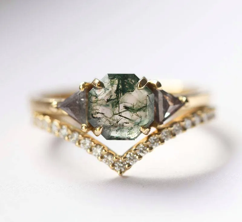 Sasha Octagon Moss Agate Ring With Diamond Band vy 10
