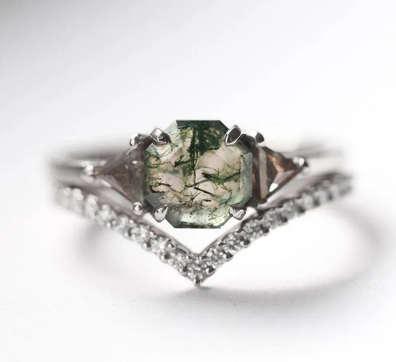 Sasha Octagon Moss Agate Ring With Diamond Band vy 11