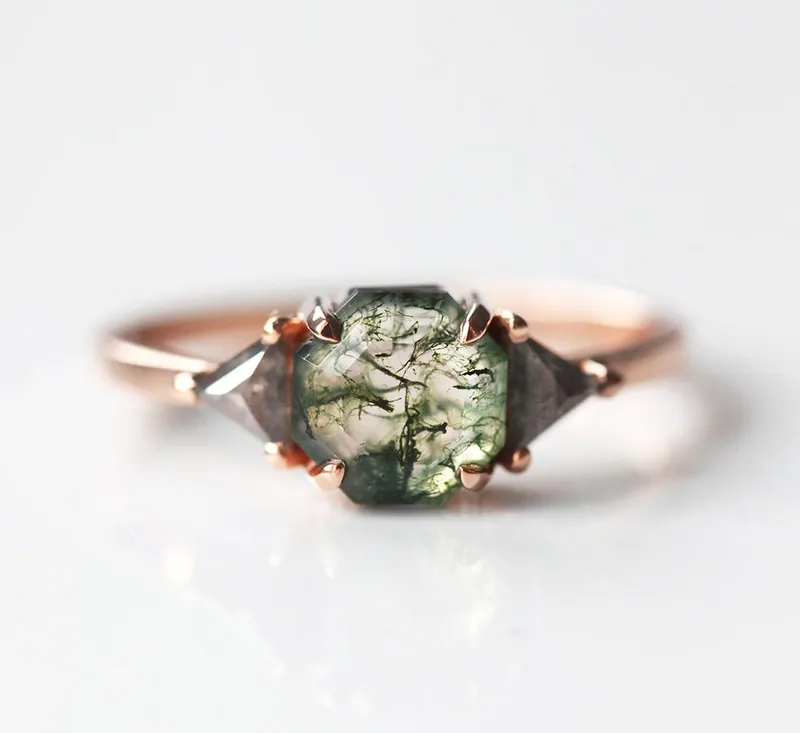 Sasha Octagon Moss Agate Ring With Diamond Band vy 2