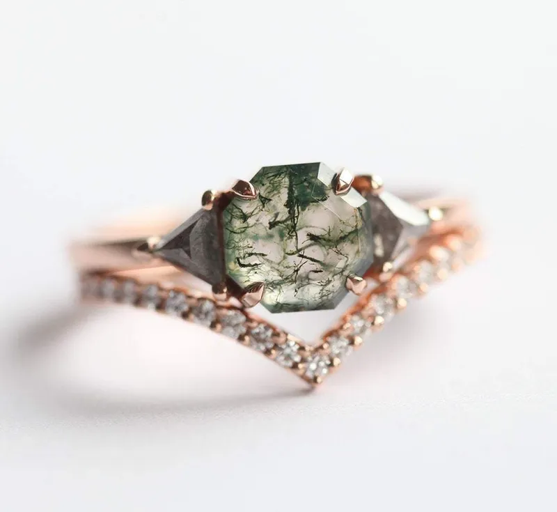 Sasha Octagon Moss Agate Ring With Diamond Band vy 4