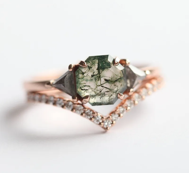 Sasha Octagon Moss Agate Ring With Diamond Band vy 5