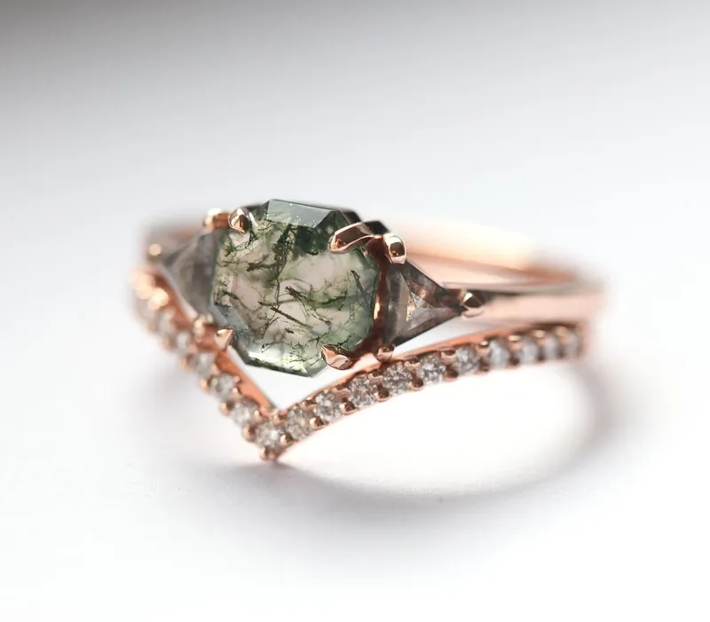 Sasha Octagon Moss Agate Ring With Diamond Band vy 6