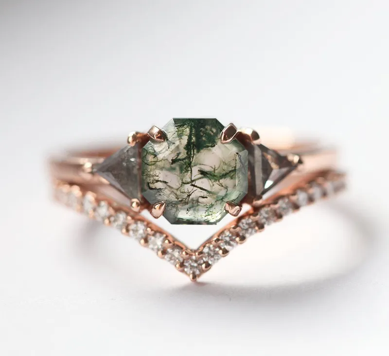 Sasha Octagon Moss Agate Ring With Diamond Band vy 7