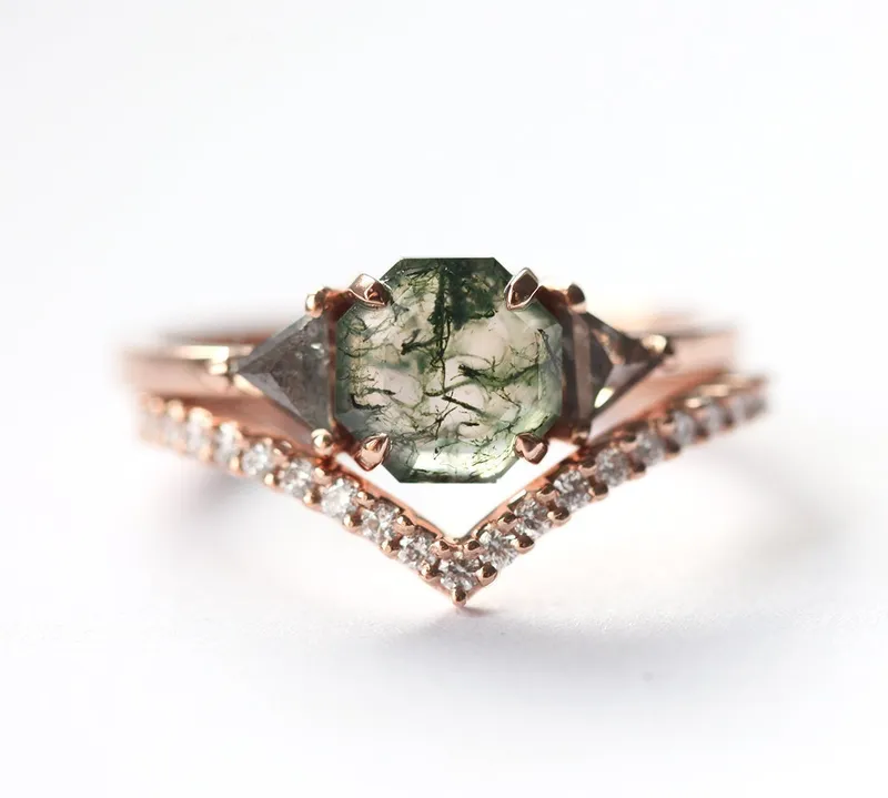 Sasha Octagon Moss Agate Ring With Diamond Band vy 8
