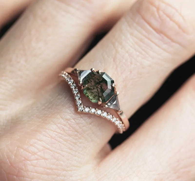 Sasha Octagon Moss Agate & Salt Pepper Diamond Ring vy 2