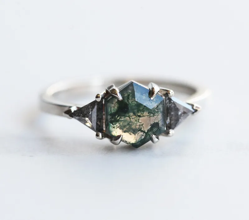 Sasha Octagon Moss Agate & Salt Pepper Diamond Ring vy 3