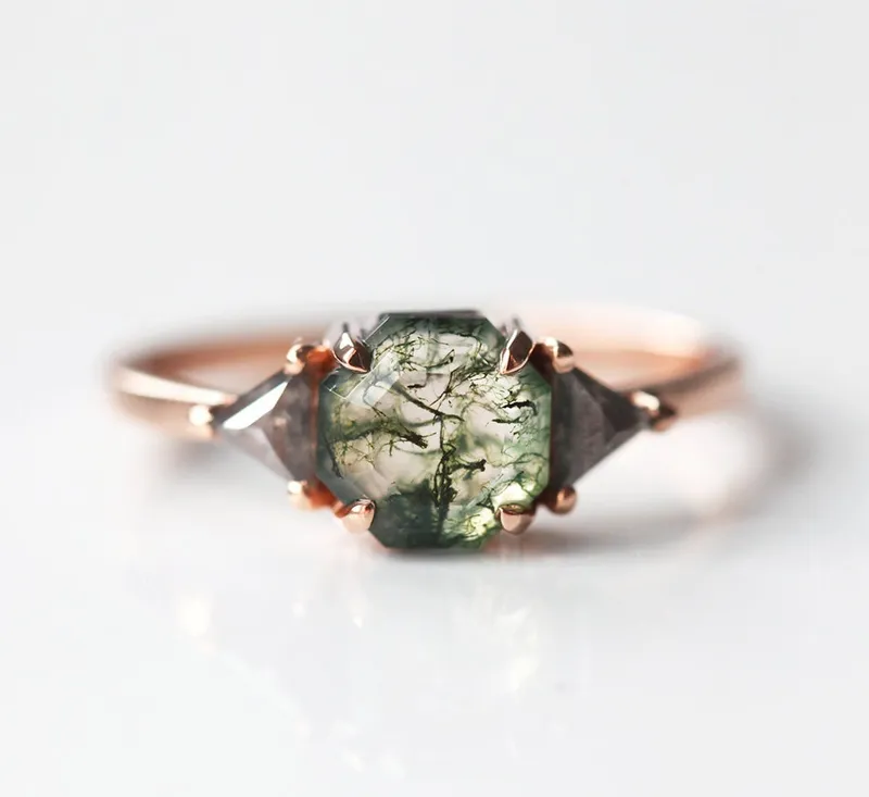 Sasha Octagon Moss Agate & Salt Pepper Diamond Ring vy 4