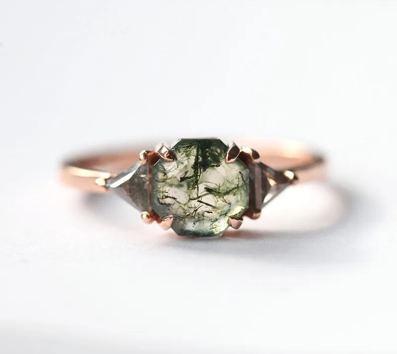 Sasha Octagon Moss Agate & Salt Pepper Diamond Ring vy 6