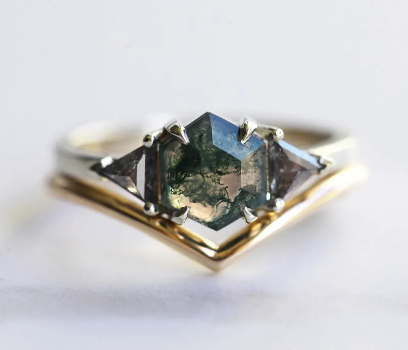 Sasha Octagon Moss Agate & Salt Pepper Diamond Ring vy 7