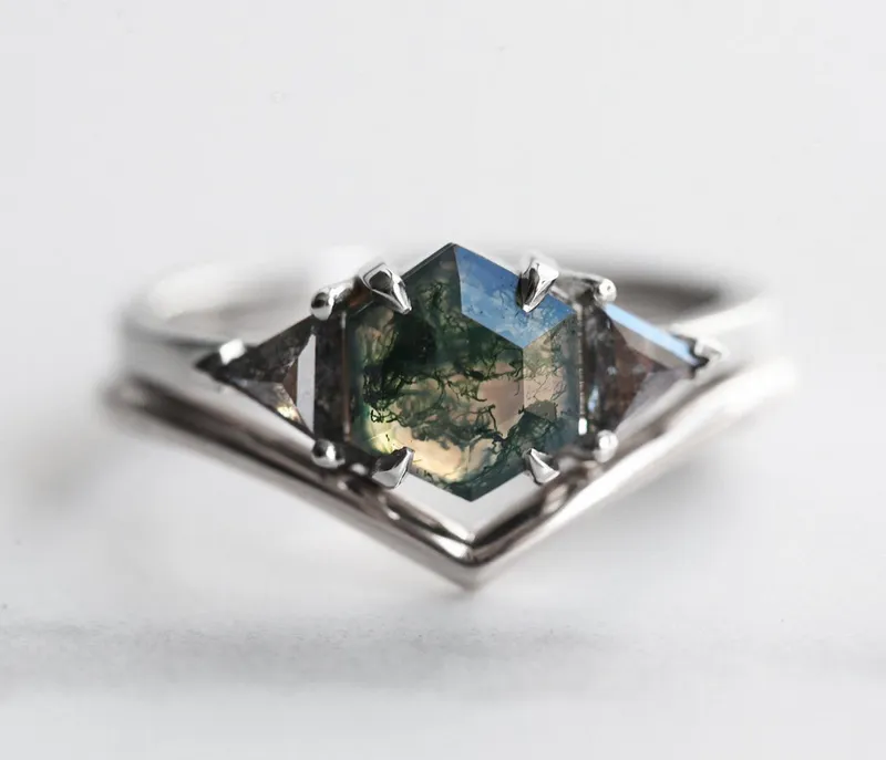 Sasha Octagon Moss Agate & Salt Pepper Diamond Ring vy 8
