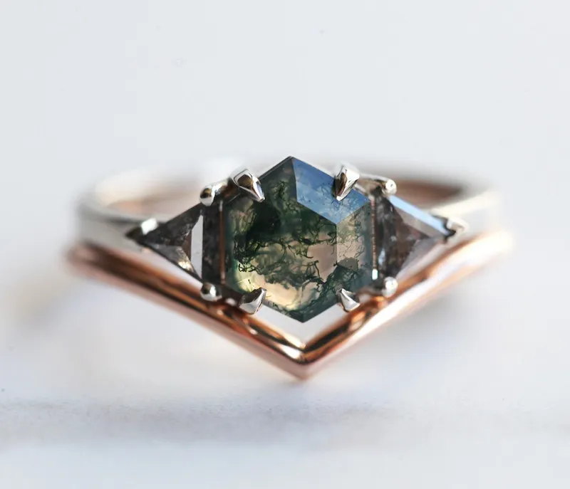 Sasha Octagon Moss Agate & Salt Pepper Diamond Ring vy 9
