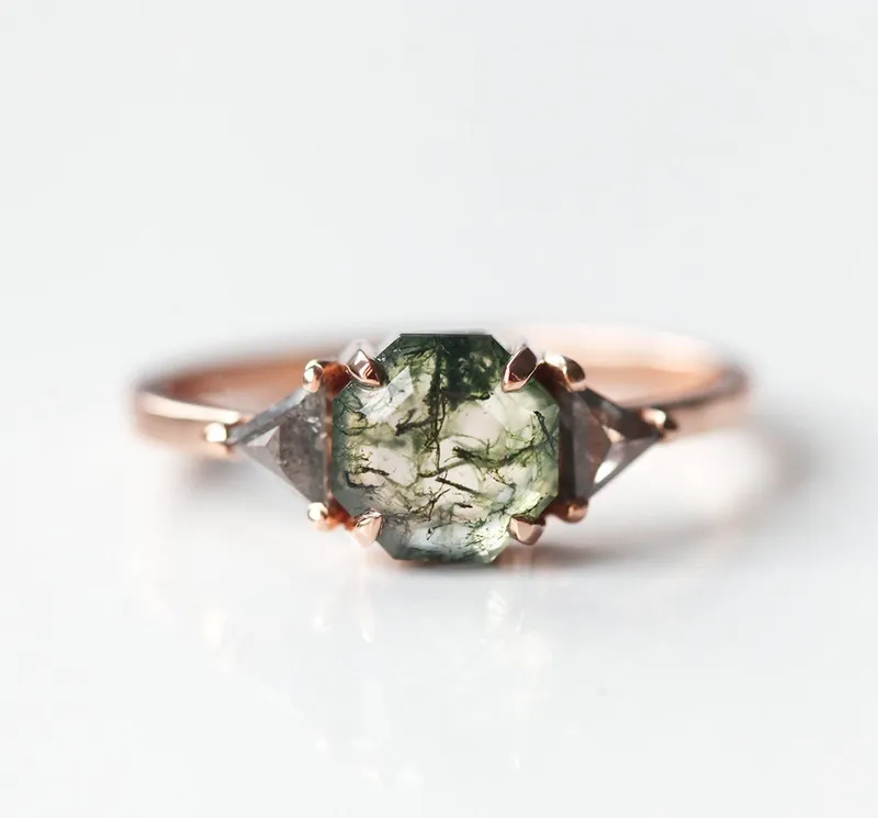 Sasha Octagon Moss Agate & Salt Pepper Diamond Ring green engagement ring