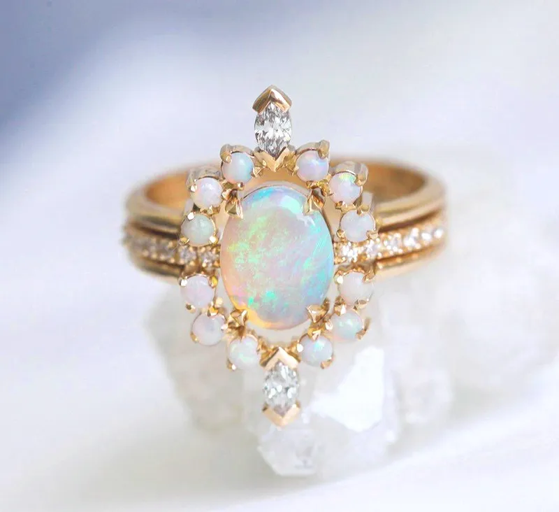 Serena Australian Opal & Diamond 3-Ring Set vy 11
