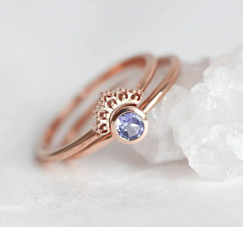 Set: Dusk Blue Tanzanite Ring With Matching Gold Lace Band view 11