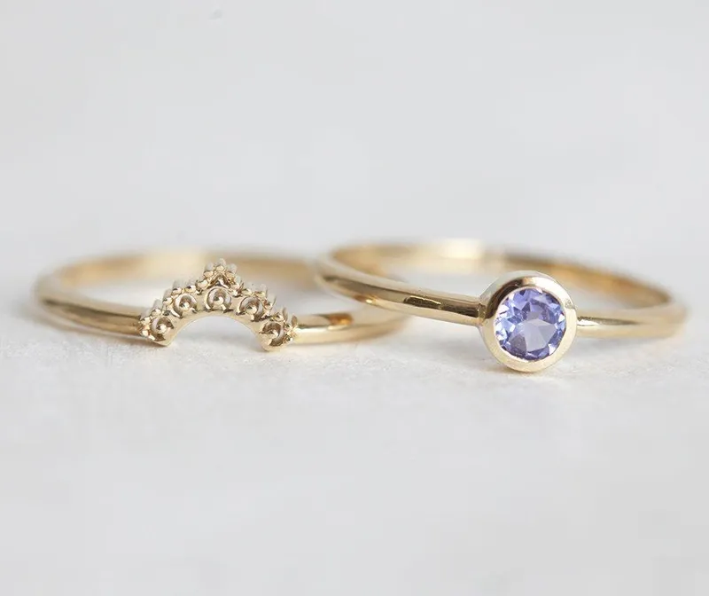 Set: Dusk Blue Tanzanite Ring With Matching Gold Lace Band view 3