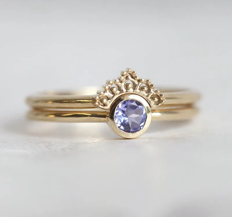 Set: Dusk Blue Tanzanite Ring With Matching Gold Lace Band view 4