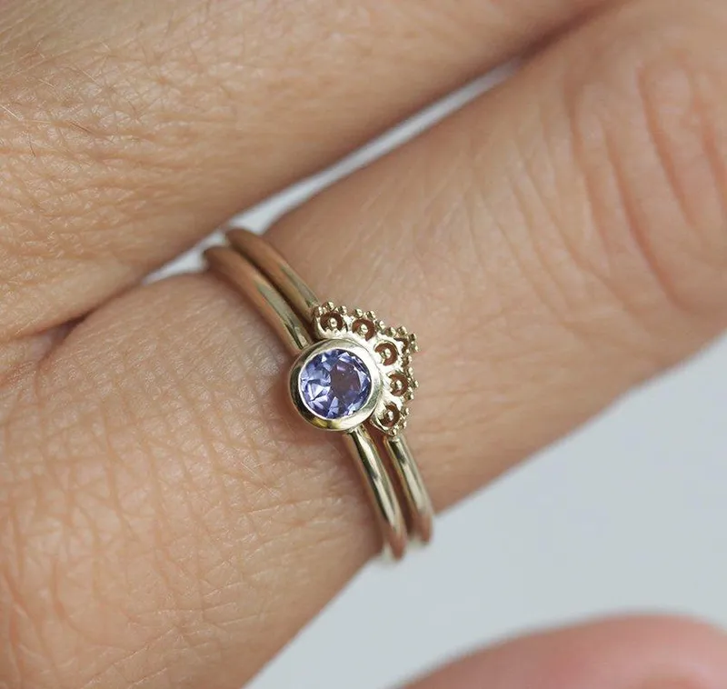 Set: Dusk Blue Tanzanite Ring With Matching Gold Lace Band view 5