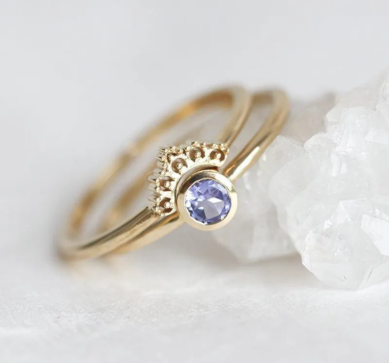 Set: Dusk Blue Tanzanite Ring With Matching Gold Lace Band round cut engagement ring