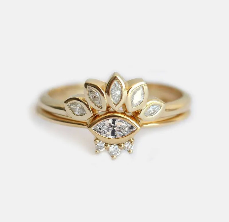 Set: Marquise Diamond Engagement Ring & Matching Crown Band view 3
