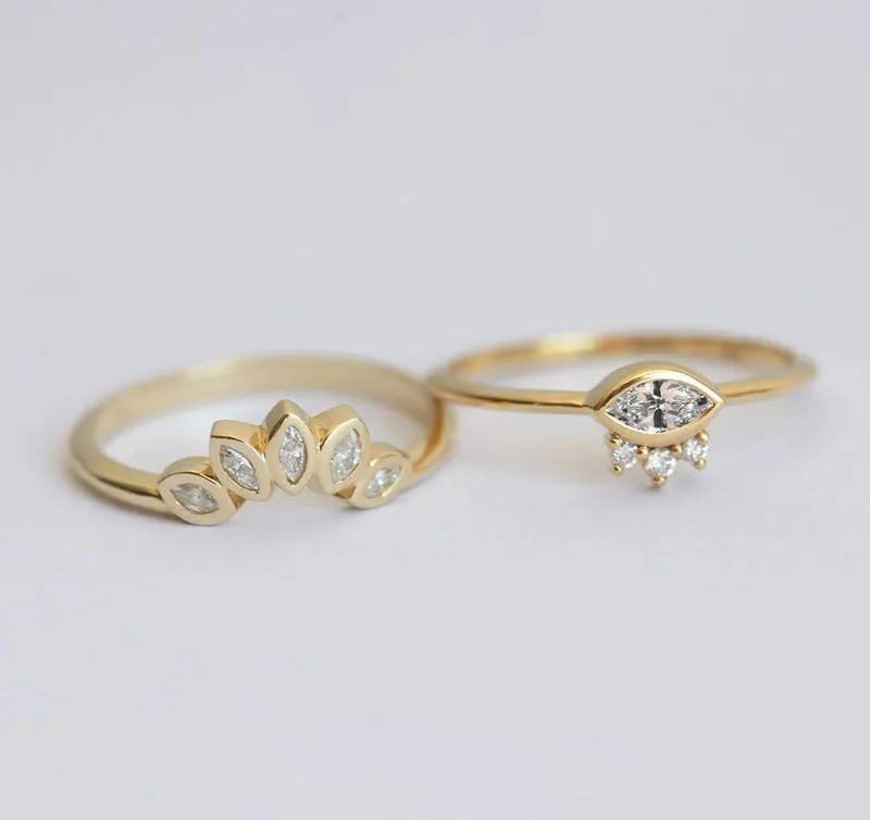 Set: Marquise Diamond Engagement Ring & Matching Crown Band view 4
