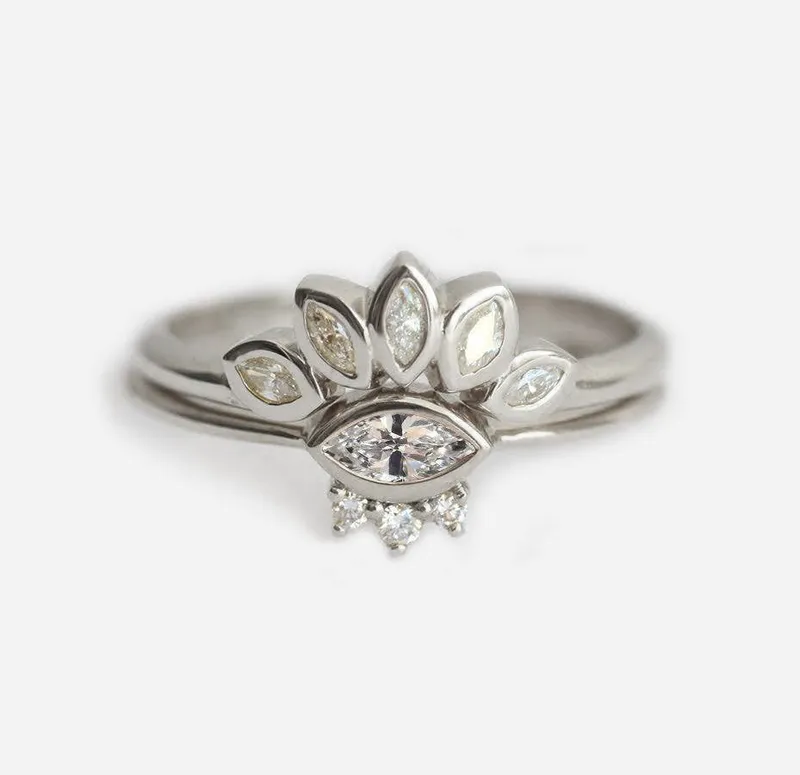 Set: Marquise Diamond Engagement Ring & Matching Crown Band view 6