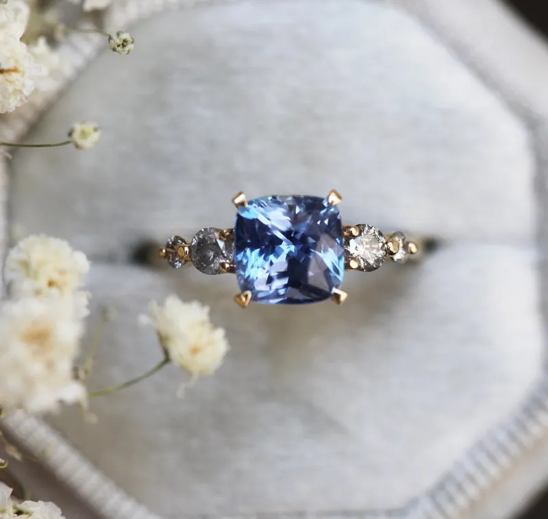 SIMONE SAPPHIRE SALT & PEPPER DIAMOND RING blue sapphire cushion cut engagement ring