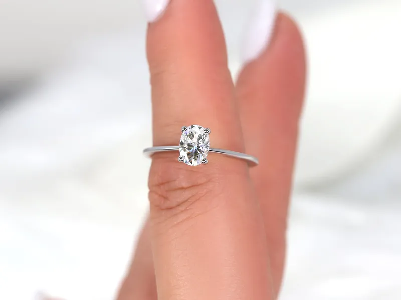1ct Skinny Rhonda 7x5mm 14kt Gold Moissanite Dainty Oval Solitaire Ring vy 4