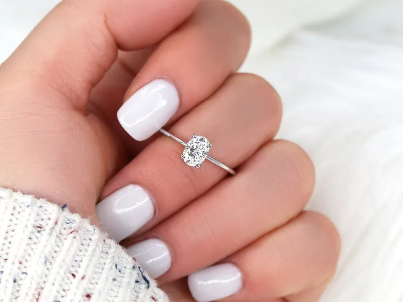 1ct Skinny Rhonda 7x5mm 14kt Gold Moissanite Dainty Oval Solitaire Ring vy 3