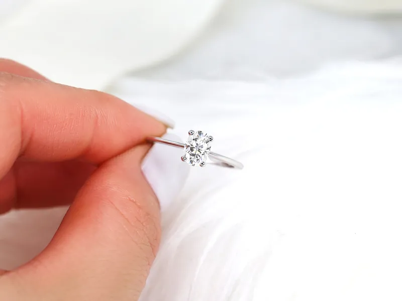1ct Skinny Rhonda 7x5mm 14kt Gold Moissanite Dainty Oval Solitaire Ring vy 6