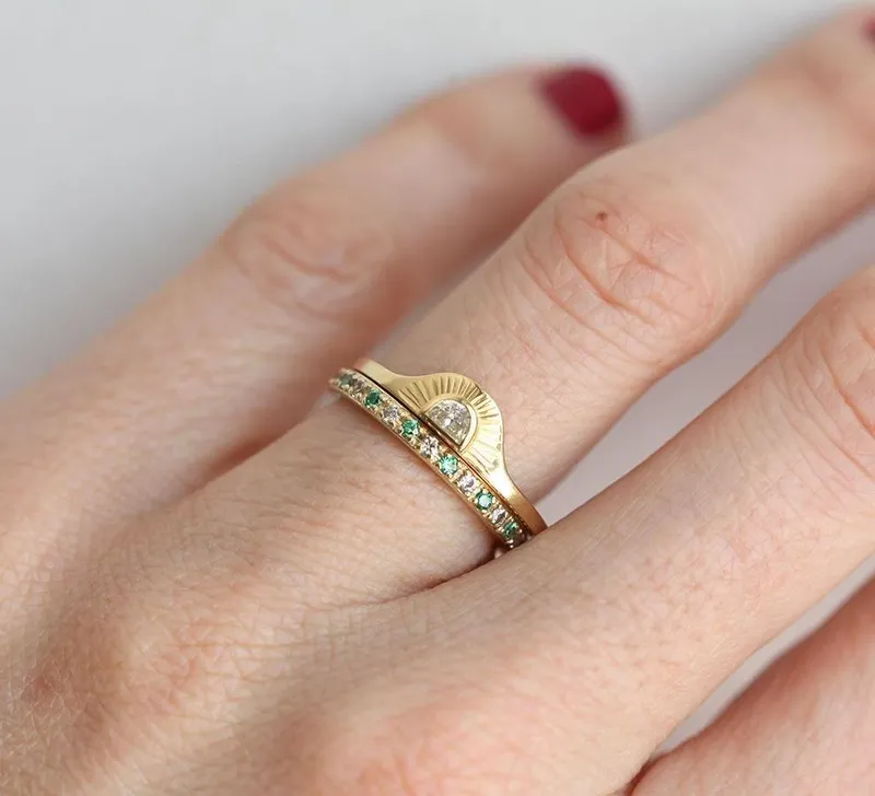 Sunrise Diamond Ring Set With Matching Diamond Eternity Band view 3