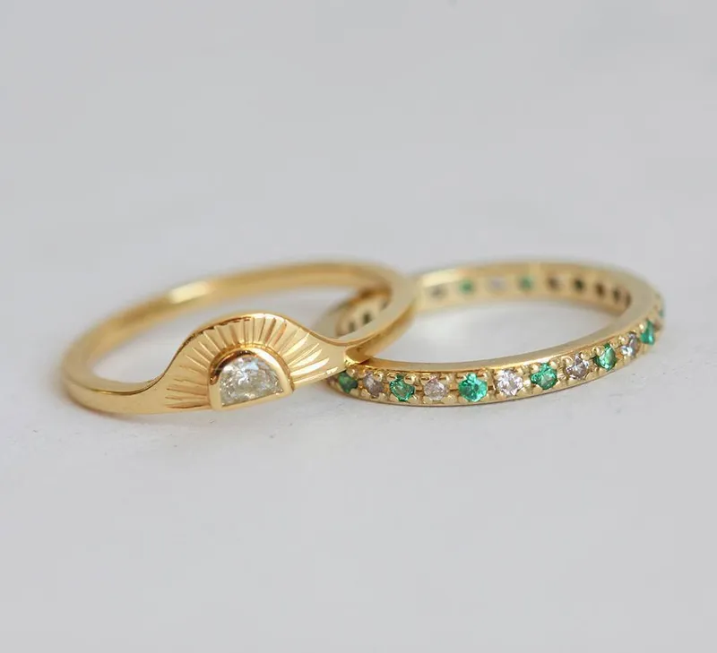 Sunrise Diamond Ring Set With Matching Diamond Eternity Band view 5