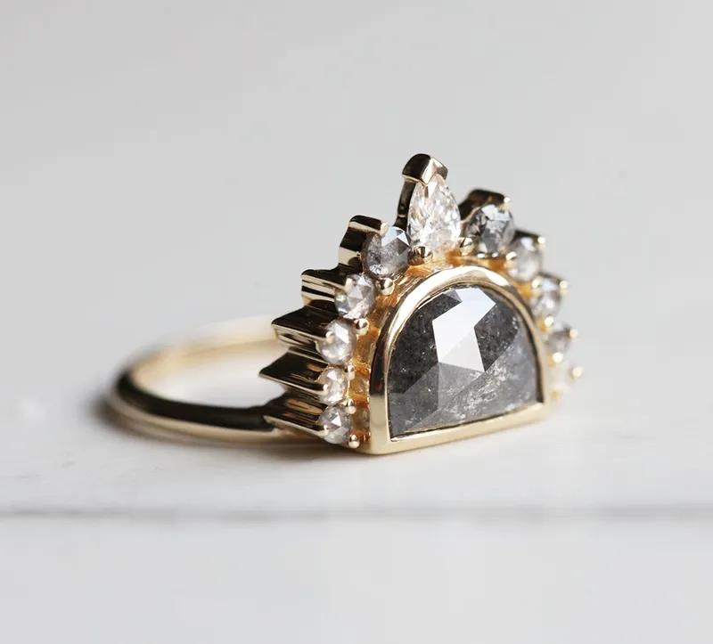 Sunrise Salt And Pepper Diamond Ring With Crown vy 6
