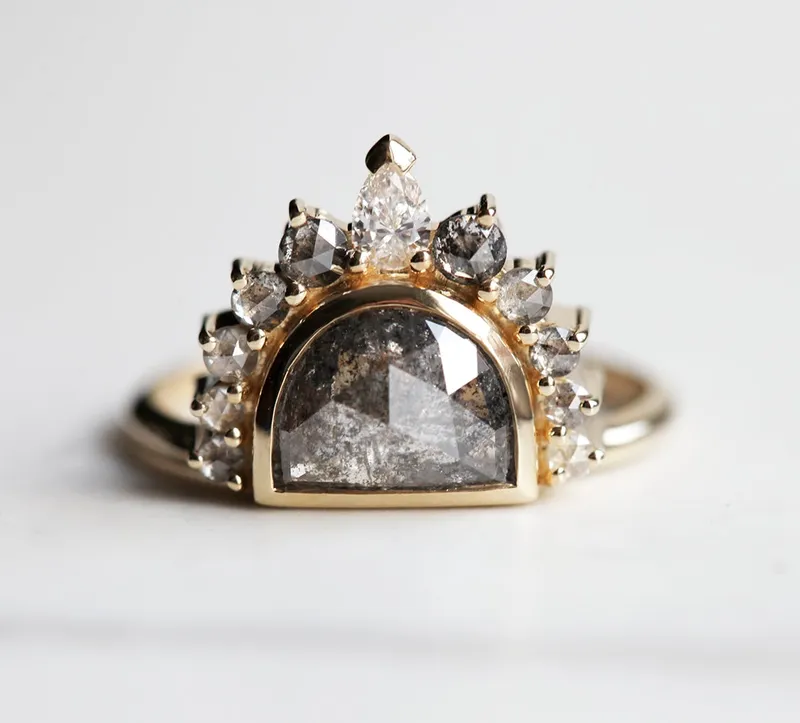 Sunrise Salt And Pepper Diamond Ring With Crown vy 7