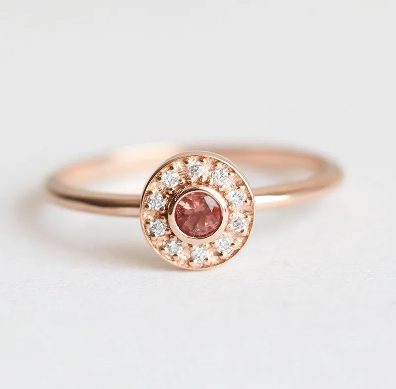Sunstone Halo Diamond Ring, Rose Gold Sun Ring vy 2