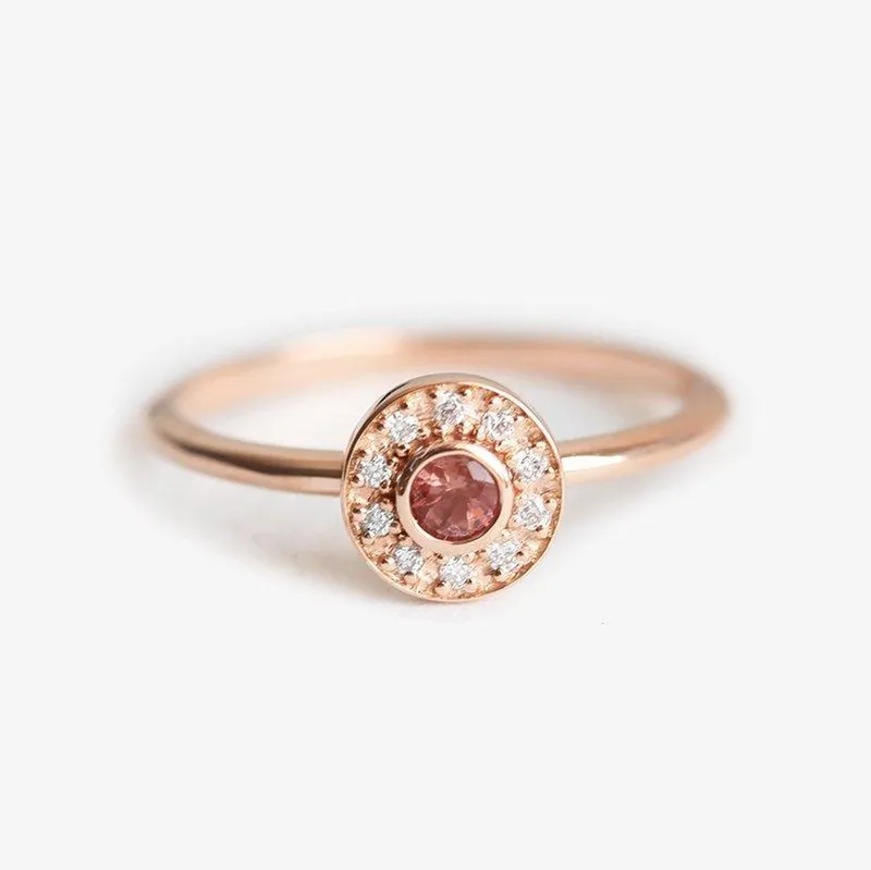 Sunstone Halo Diamond Ring, Rose Gold Sun Ring round cut engagement ring