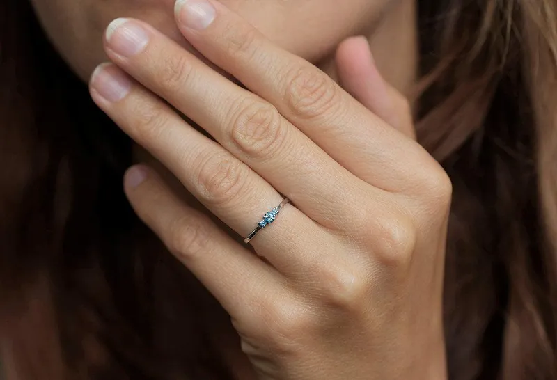 Swiss Blue Topaz Ring, Blue Engagement Ring, Three-Stone Ring vy 2