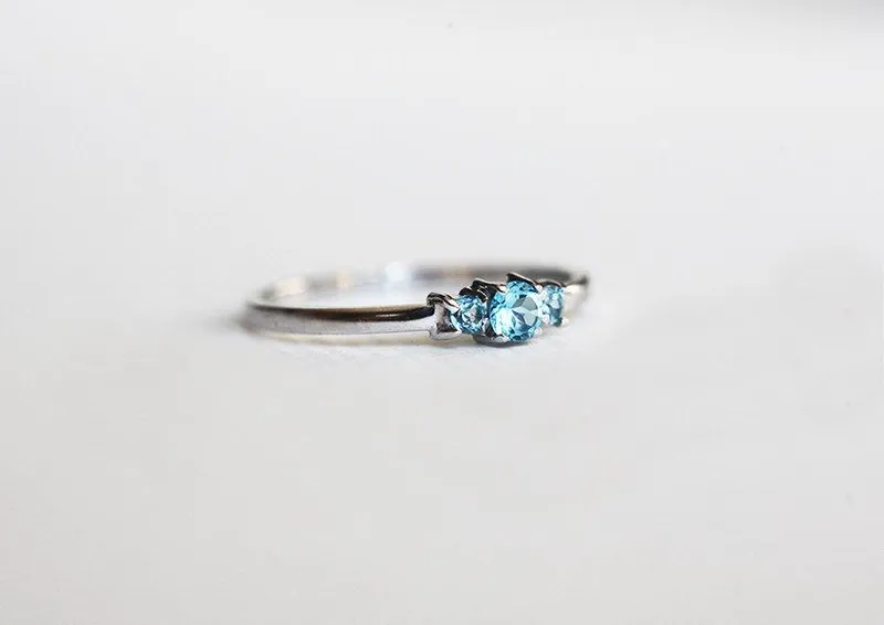 Swiss Blue Topaz Ring, Blue Engagement Ring, Three-Stone Ring vy 3