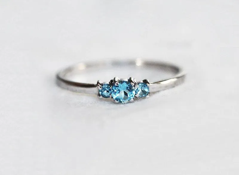 Swiss Blue Topaz Ring, Blue Engagement Ring, Three-Stone Ring vy 4