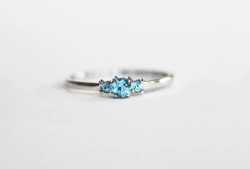 Swiss Blue Topaz Ring, Blue Engagement Ring, Three-Stone Ring diamond round cut engagement ring