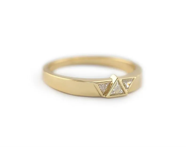 Three Diamond Ring, Yellow Gold Wedding Ring With Three Diamonds view 2