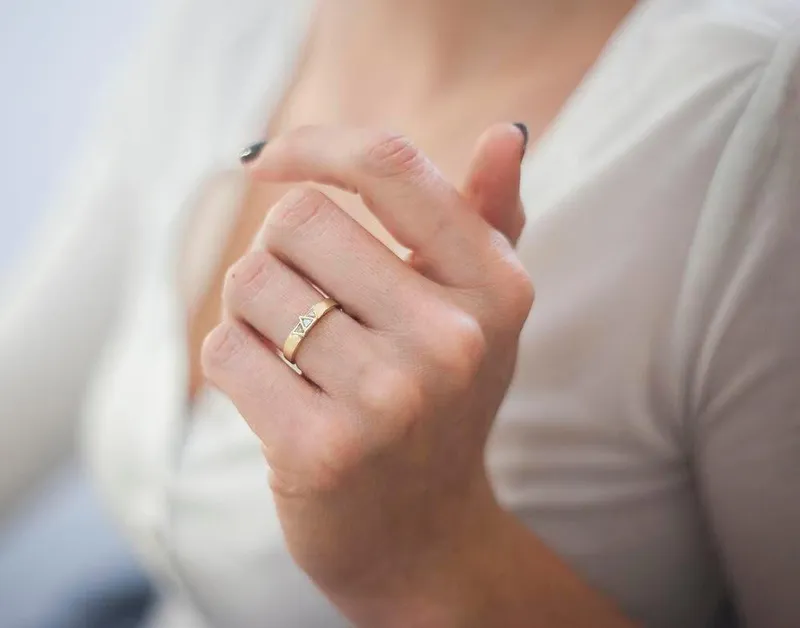 Three Diamond Ring, Yellow Gold Wedding Ring With Three Diamonds view 4