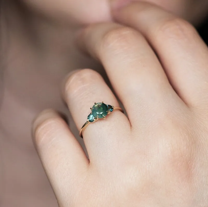 Taia Moss Agate Ring With Teal Tourmalines view 7
