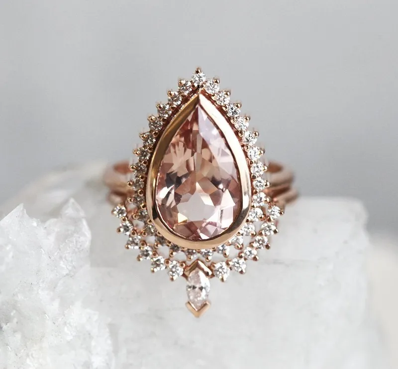 Tara Morganite And Diamond Ring Set pink pear cut engagement ring