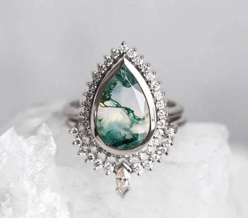 TARA PEAR MOSS AGATE AND DIAMOND RING SET vy 11