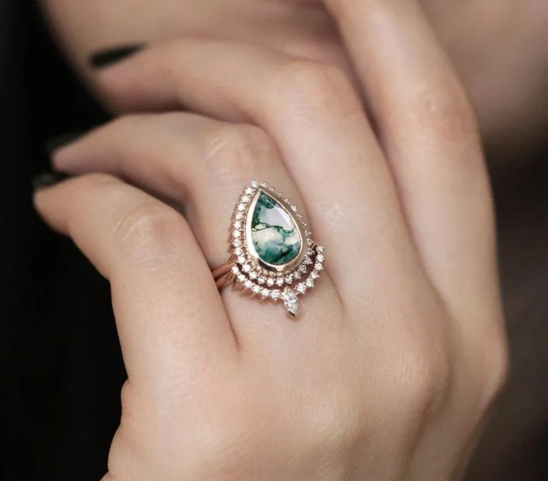 TARA PEAR MOSS AGATE AND DIAMOND RING SET vy 2