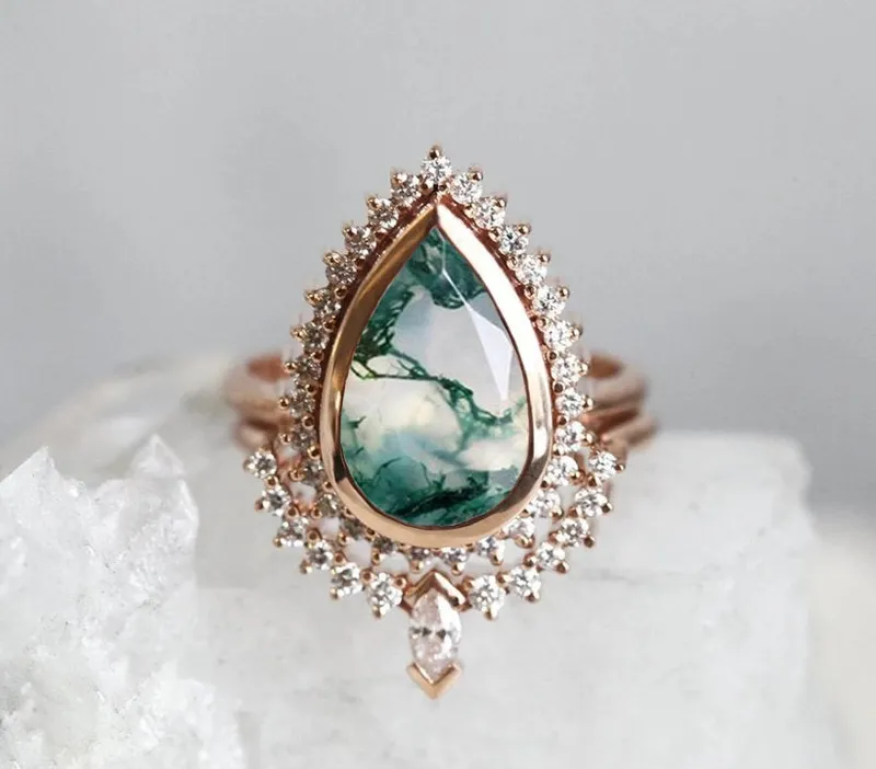 TARA PEAR MOSS AGATE AND DIAMOND RING SET vy 3