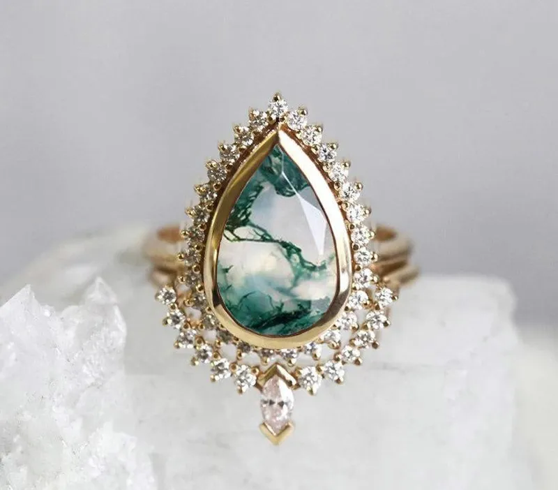 TARA PEAR MOSS AGATE AND DIAMOND RING SET vy 4