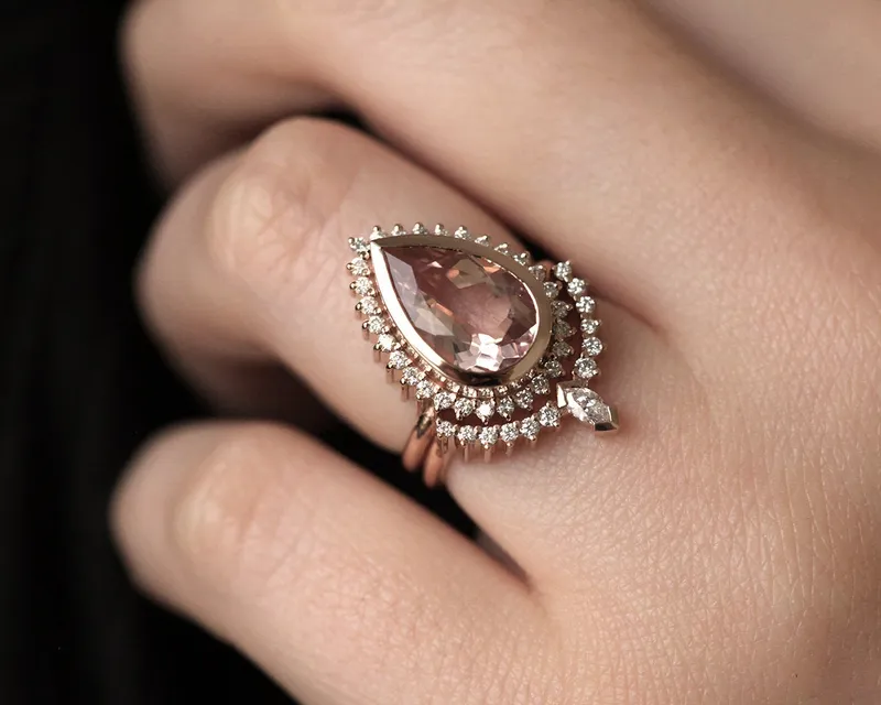TARA PEAR MOSS AGATE AND DIAMOND RING SET vy 5
