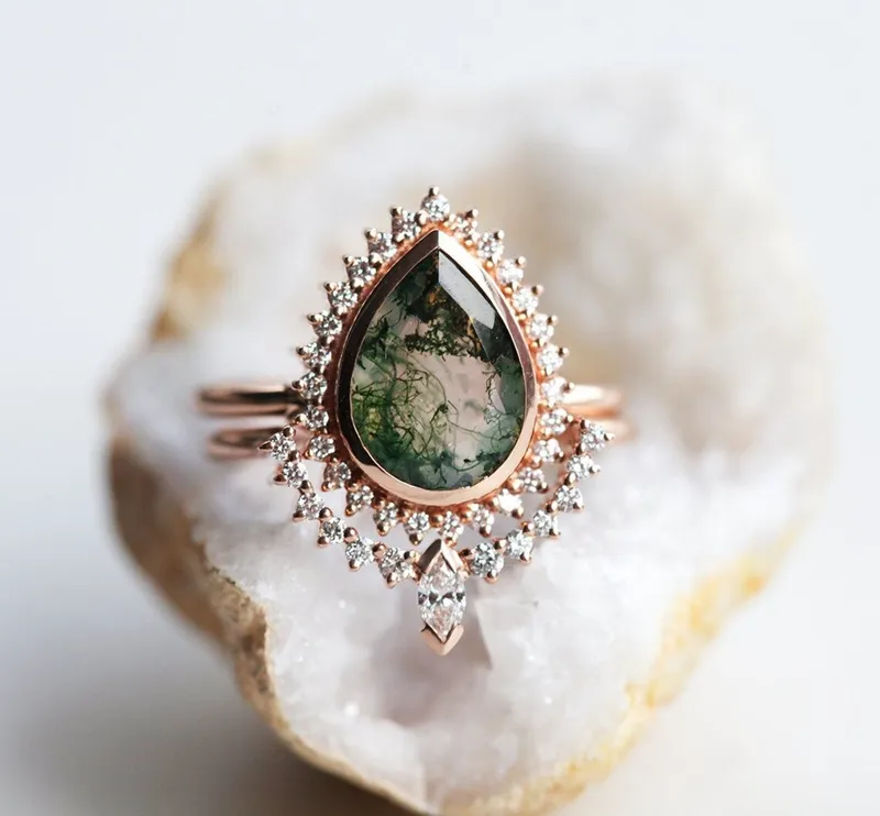 TARA PEAR MOSS AGATE AND DIAMOND RING SET green pear cut engagement ring