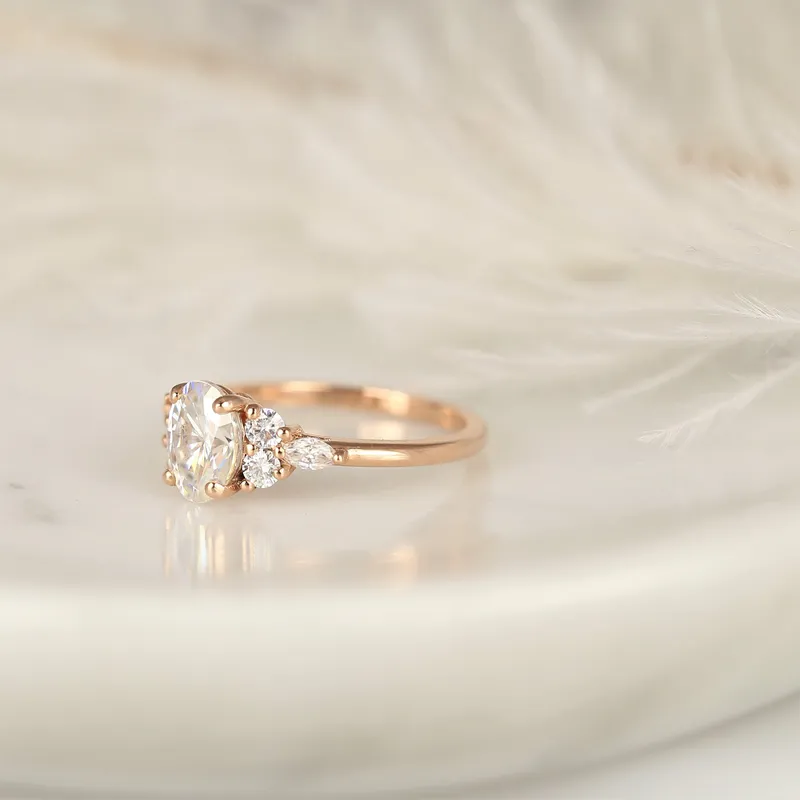 1.50ct Thea 8x6mm 14kt Rose Gold Moissanite Diamond Unique Cluster Ring vy 5